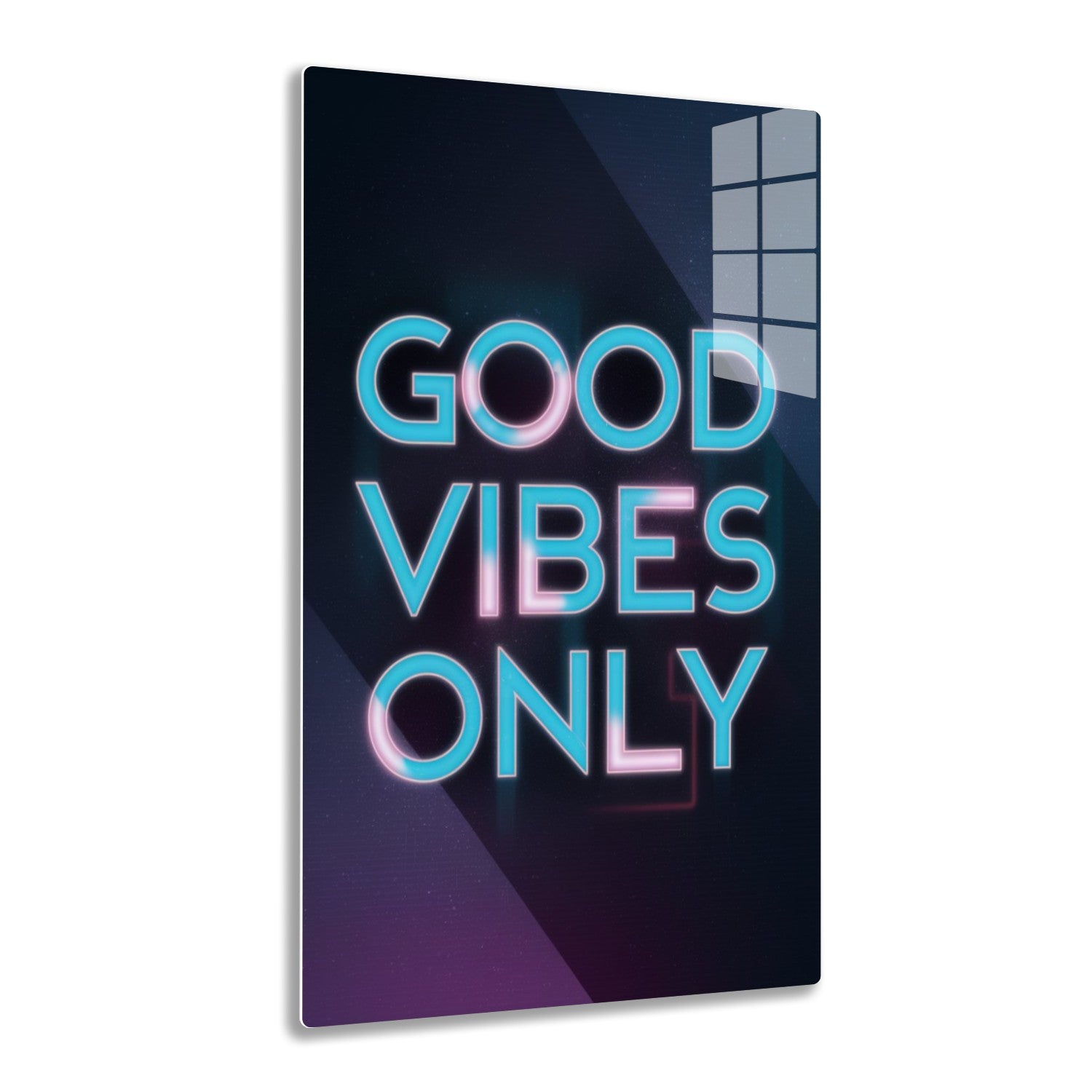 Good vibes only neon sign in teal and pink colors against a dark background with stars.
