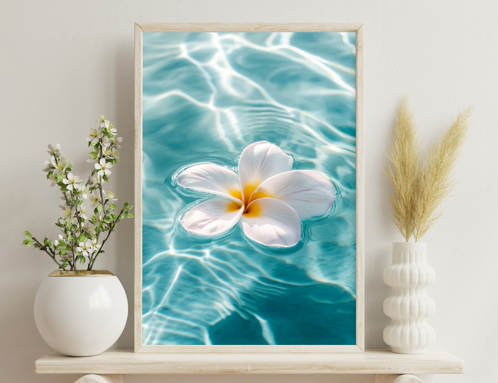 A white plumeria flower floats gracefully on rippling turquoise water, creating a serene and tranquil scene.
