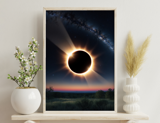 A breathtaking solar eclipse is captured, with the sun's corona blazing brilliantly against the dark sky filled with stars. The eclipse hovers above a serene landscape with trees and a colorful twilight horizon.
