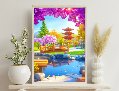 A vibrant Japanese garden scene with a wooden bridge over a pond, pagoda, cherry blossoms framing the view, and lush greenery depicting the beauty of nature in full bloom.
