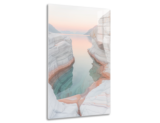 Majestic canyon with striped, colorful rock formations reflecting in the serene waters of a lake at sunset or sunrise, creating a breathtaking natural scenery.
