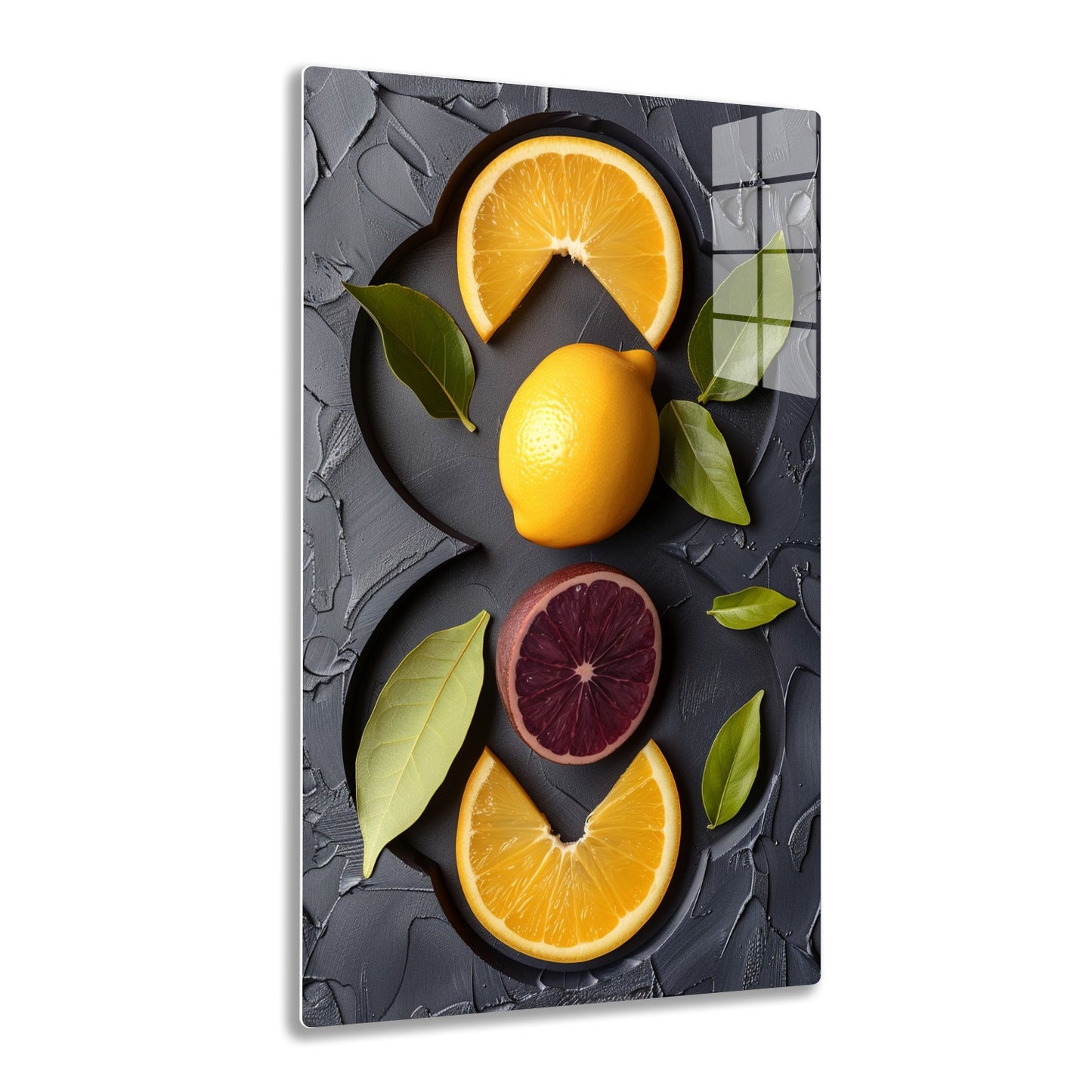 Fresh citrus fruits including oranges, lemons, and blood oranges along with green leaves arranged on a dark textured surface.
