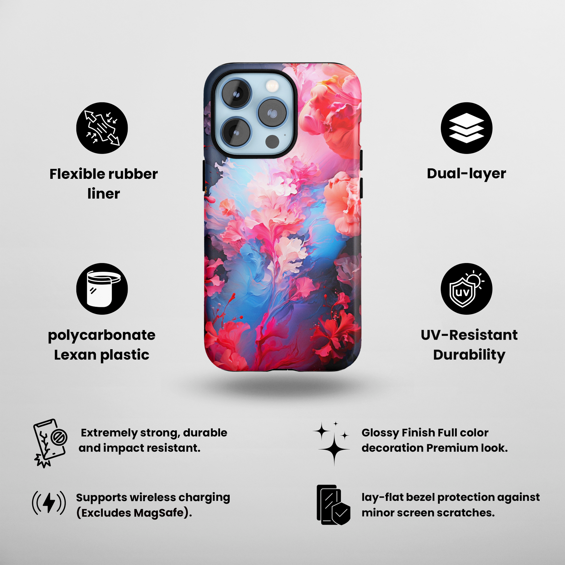 Floral Harmony (iPhone Case 11-15)RIMA Tough Phone Case: Unmatched Style &amp; Protection for iPhone 11, 12, 13, 14, &amp; 15 🛡️📱
Product Description:
Discover the RIMA Tough Phone Case, exclusivelRimaGallery