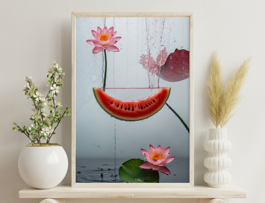 A watermelon slice and two pink lotus flowers suspended in water droplets against a gray background, creating a surreal and refreshing summer scene.
