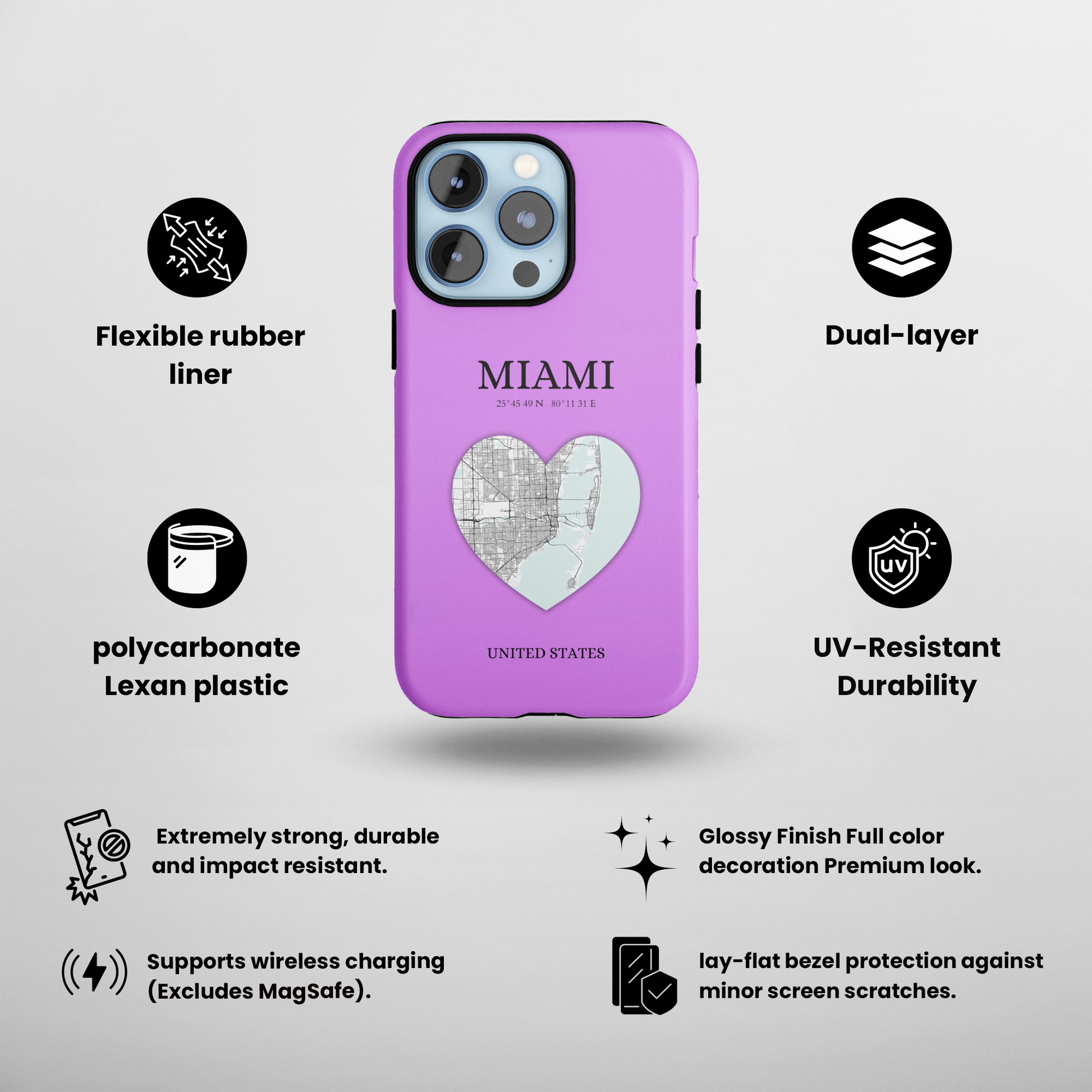 Miami Heartbeat - Purple (iPhone Case 11-15)Capture the essence of MIAMI with RimaGallery's Heartbeat Purple iPhone case, blending durable protection and unique design. Perfect for iPhone 11-15 models. Free shRimaGallery