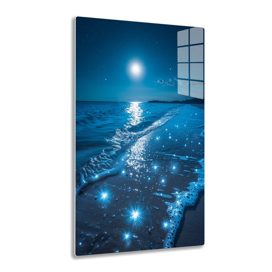 Moonlit seascape with sparkling waves reflecting starry night sky, creating a magical celestial atmosphere.
