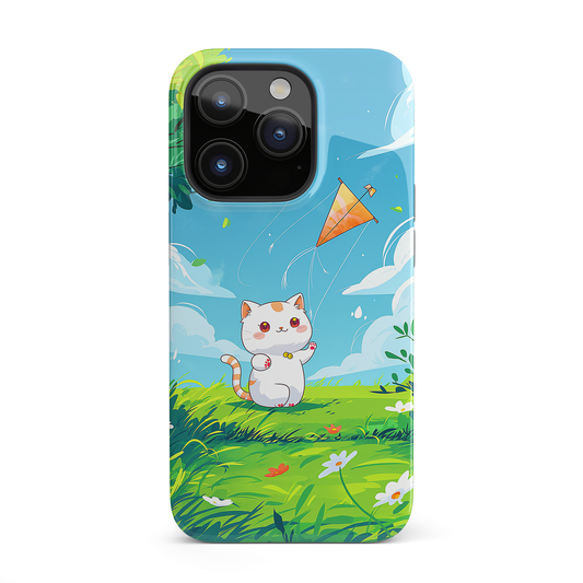 Kite Kitty (iPhone Case 11-15)Elevate your iPhone's protection and style with RimaGallery's A charming illustration of a kitten flying a kite on a sunny daye On case, featuring dual-layer defenseRimaGallery
