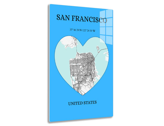 Map of San Francisco city streets and neighborhoods in a heart shape, with coordinates and city name on a blue background
