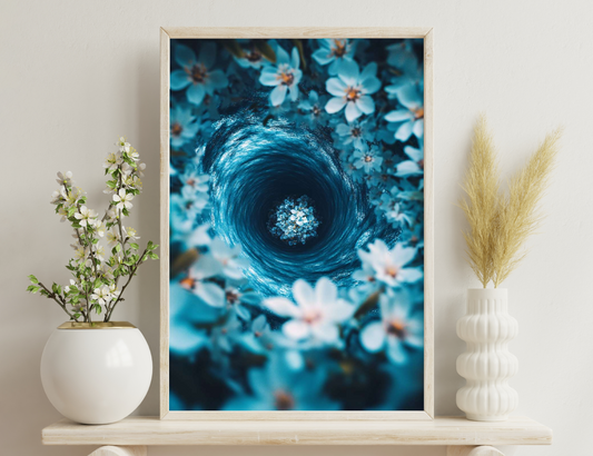 A surreal spiral vortex of swirling blue water surrounded by blurred white flowers, creating a mesmerizing and dreamlike underwater scene.
