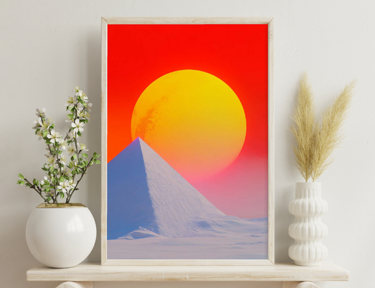 A large yellow sun sets over a snowy mountain peak against a vivid red and pink sky, creating a striking contrast of warm and cool colors.
