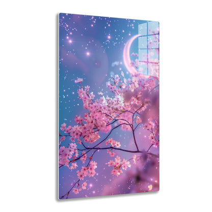 Cherry blossoms in full bloom with a crescent moon in a starry twilight sky, creating a dreamy, magical atmosphere.
