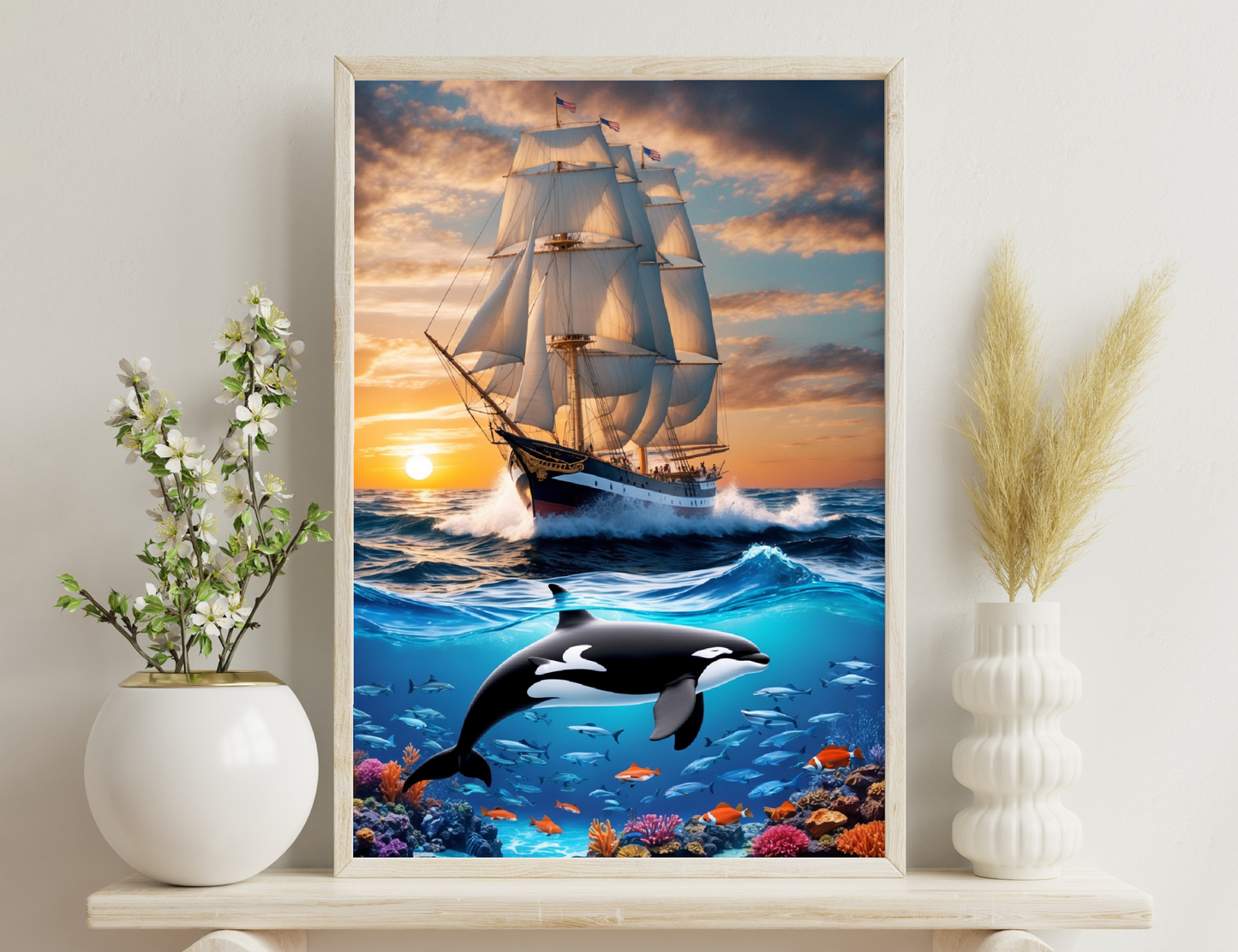 A sailing ship with American flags navigates through rough ocean waves at sunset, while underneath, a killer whale swims amid a vibrant coral reef teeming with tropical fish.
