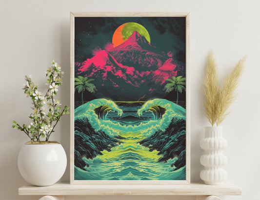 A surreal landscape with a large pink moon, jagged pink mountains, green palm trees, and mirrored teal and yellow waves creating a symmetrical reflection in the foreground. The colors are vibrant and otherworldly.
