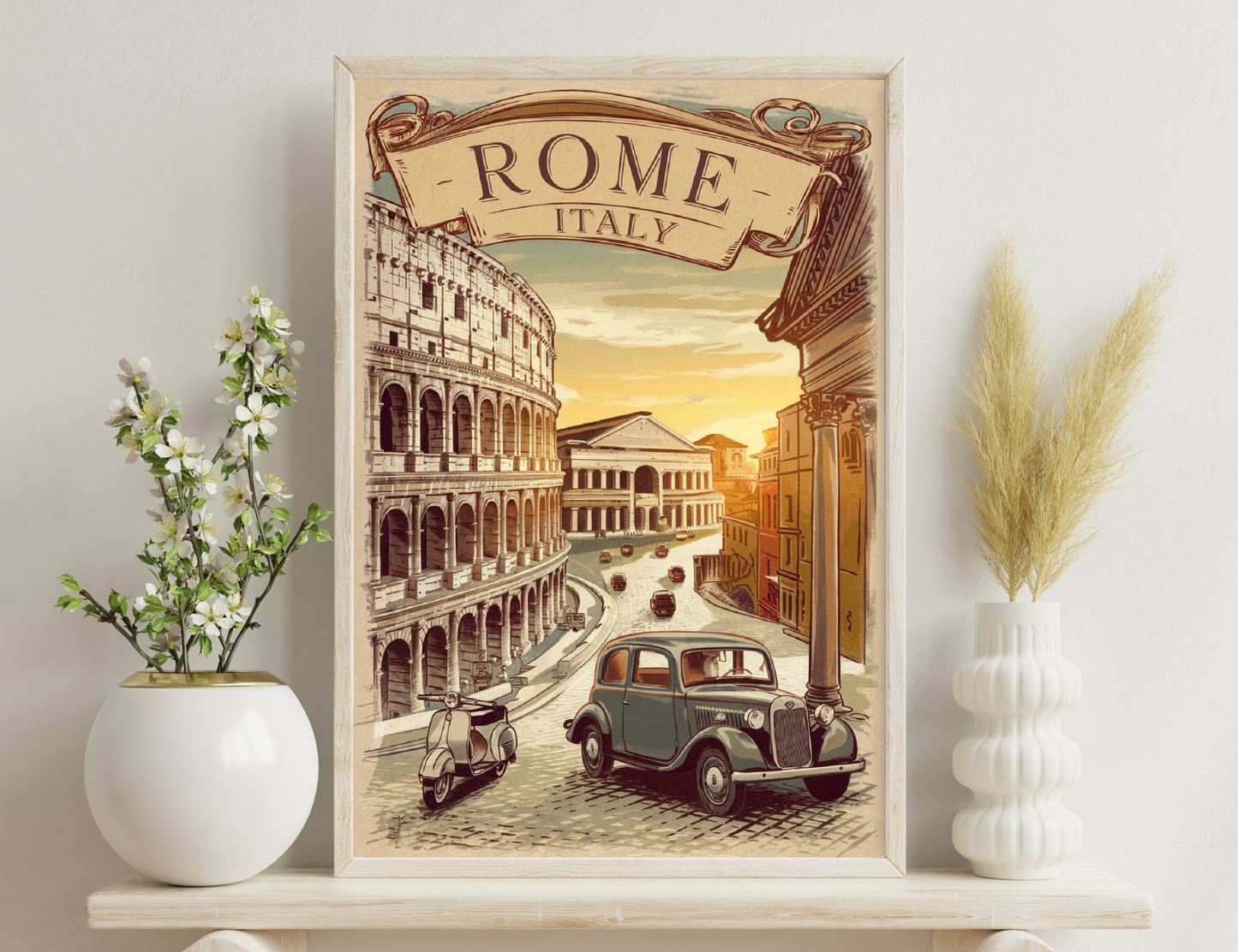 Rome Italy vintage illustration with Colosseum, Pantheon, old cars and 'Rome Italy' text banner
