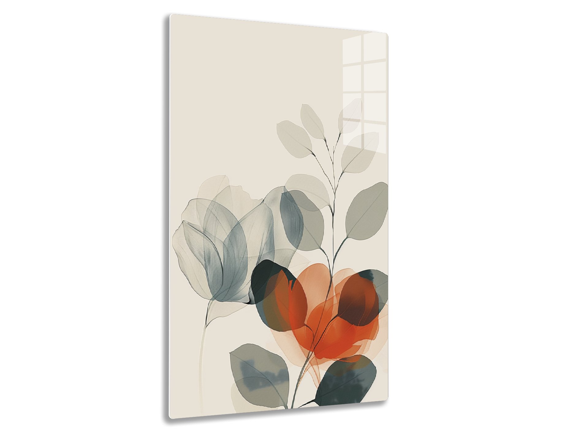 Transparent nature-inspired digital illustration depicting stylized leaves and foliage in shades of gray, sage green, navy blue, and burnt orange, creating an abstract botanical pattern.
