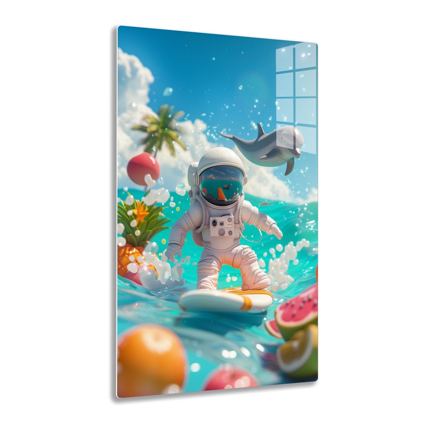 An astronaut floats in a surreal underwater scene surrounded by fruits, an inflatable dolphin, and air bubbles, creating a whimsical and imaginative atmosphere.
