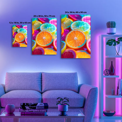 Colorful plastic slices of citrus fruits like oranges, limes, and lemons in vibrant neon colors create a visually striking still life composition.
