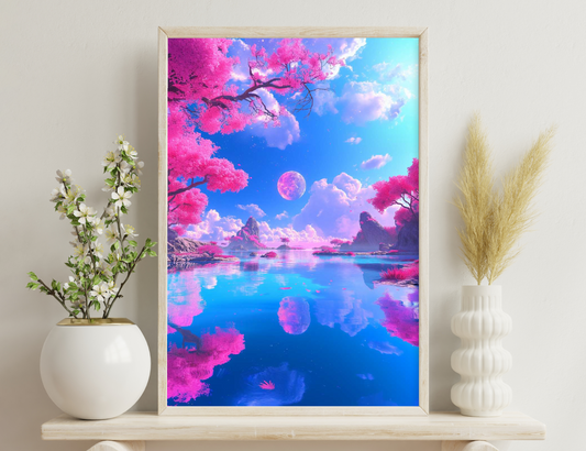 A surreal, vibrant landscape with pink cherry blossom trees, a large pink moon, blue waters reflecting the scenery, and craggy mountains in the distance.
