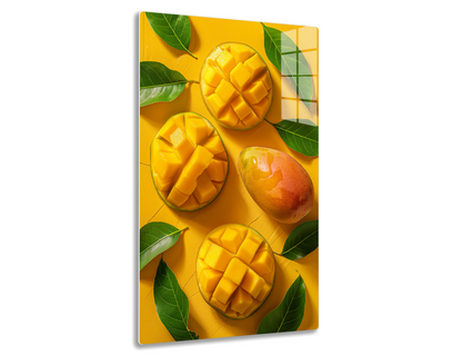 Ripe mangoes cut into cubes and whole, surrounded by green mango leaves on a vibrant yellow background.
