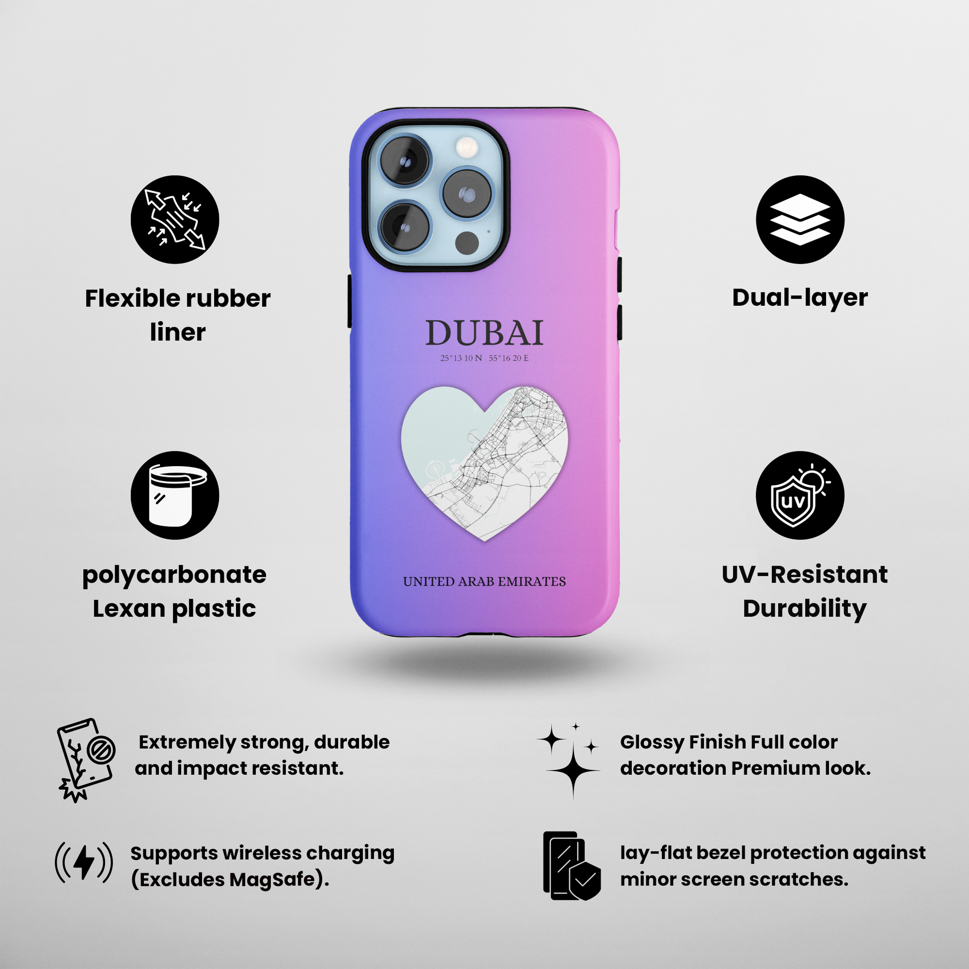 Dubai Heartbeat - Magenta (iPhone Case 11-15)Capture the essence of Dubai with RimaGallery's Heartbeat Magenta iPhone case, blending durable protection and unique design. Perfect for iPhone 11-15 models. Free sRimaGallery