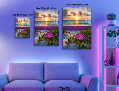 Vibrant sunset over the ocean with a purple flower field in the foreground and dramatic clouds reflecting on the rippled water surface.
