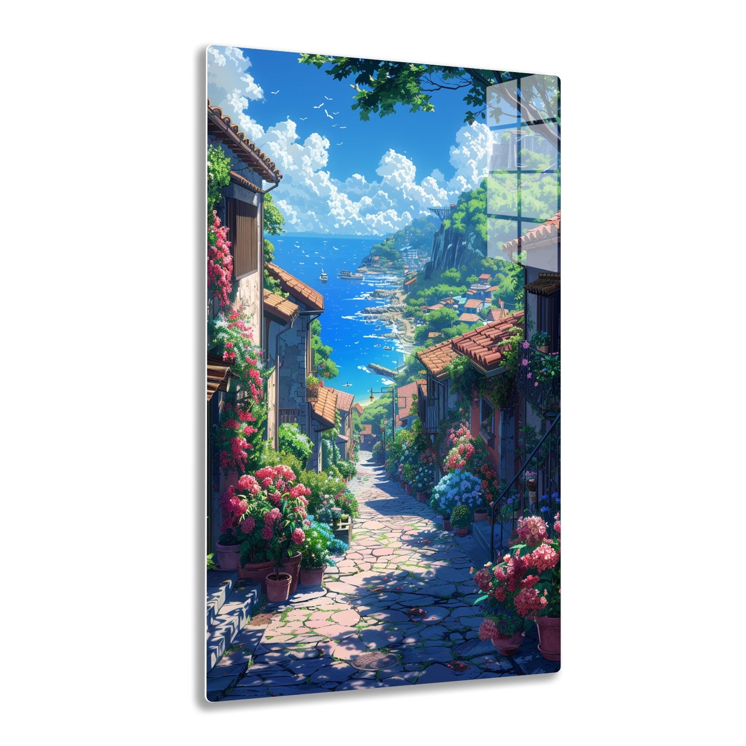 An idyllic seaside village with colorful houses, blooming flowers lining a cobblestone path overlooking a picturesque blue bay with boats and towering cliffs in the distance under a sunny sky with billowing clouds.


