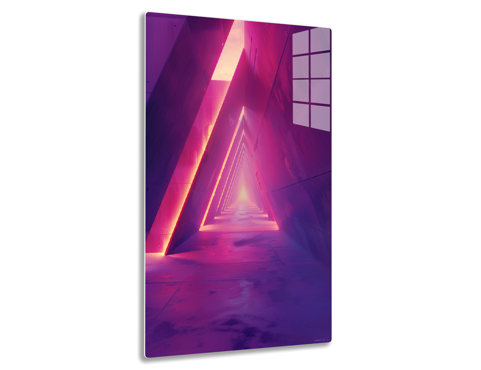 A surreal triangular tunnel in shades of vibrant pink and purple, formed by illuminated geometric shapes and lines, creating an abstract, futuristic perspective.
