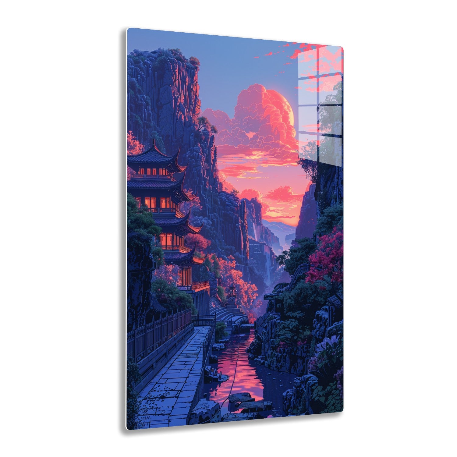 A breathtaking sunset over a majestic oriental landscape with towering rocks, flowing waterfalls, traditional pavilions clinging to the cliffs, a winding path, and a large red sun against vibrant pink and blue hues
