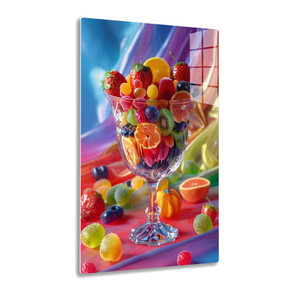 A glass goblet filled with an assortment of fresh and vibrant fruits including strawberries, oranges, kiwis, and blueberries arranged in a colorful and appetizing display against a backdrop of swirling colors
