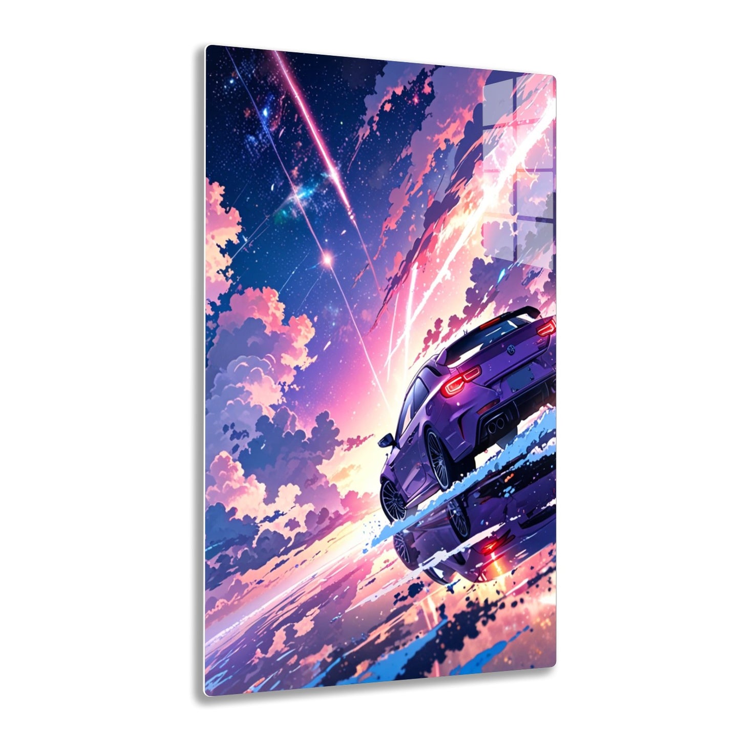 A futuristic sports car in purple hue soars through cosmic clouds and laser beams against a vibrant sunset sky, creating an adrenaline-pumping and otherworldly scene.
