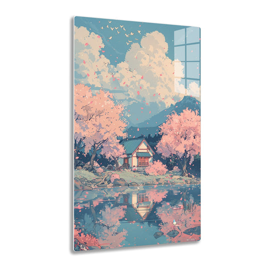 A serene Japanese house amid blossoming cherry trees and fluffy clouds, reflected in a still lake with falling petals, creating a dreamy, tranquil atmosphere.
