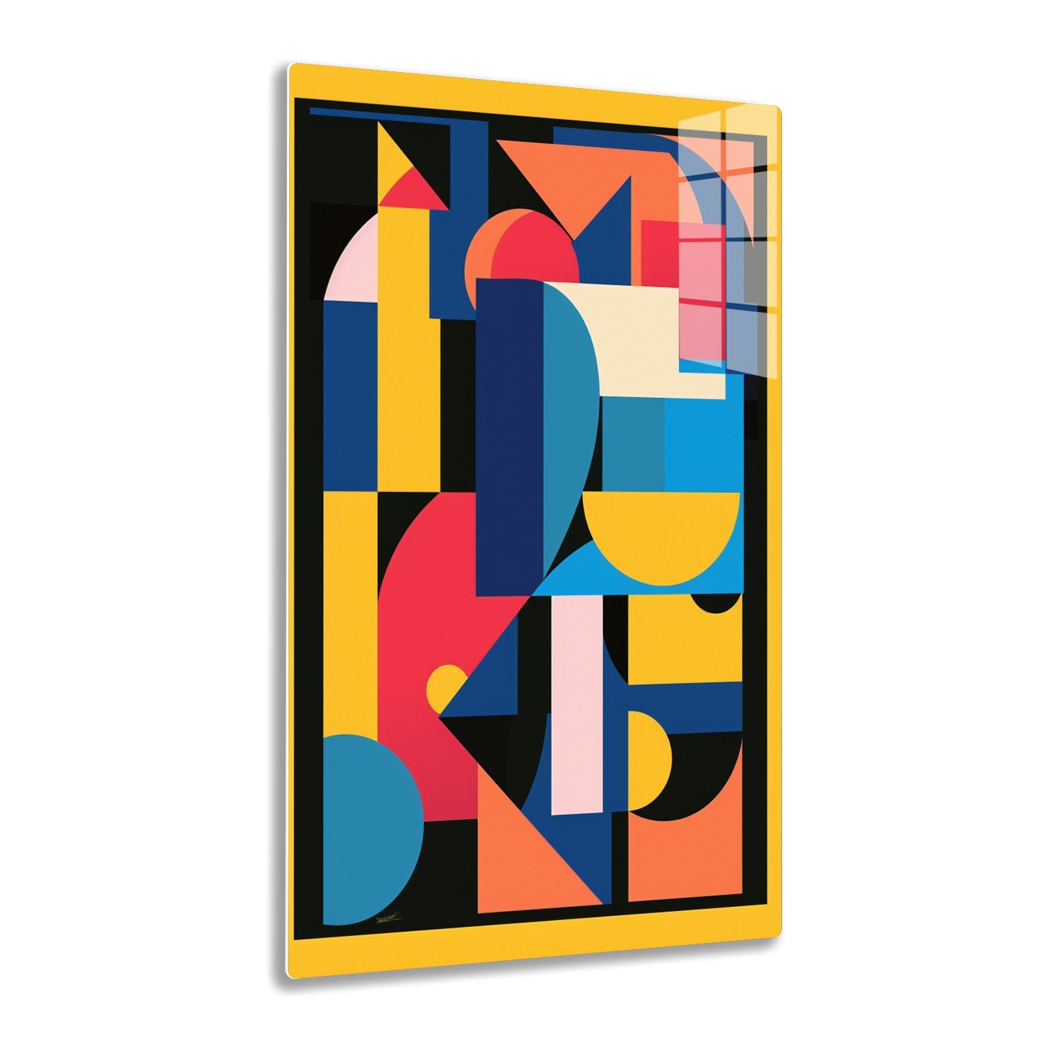 Geometric abstract composition with overlapping shapes in bold colors like blue, yellow, orange, pink, and black against a black background.
