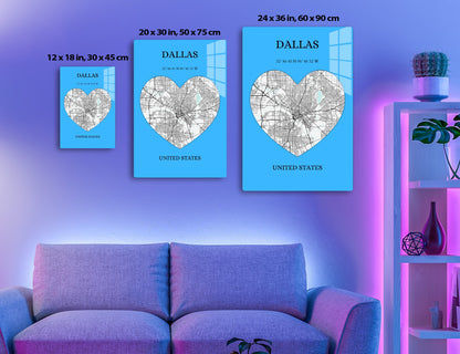 Map of Dallas city streets arranged in a heart shape, with coordinates 32°46'45"N 96°48'32"W, on a light blue background with the city and country names "DALLAS, UNITED STATES"
