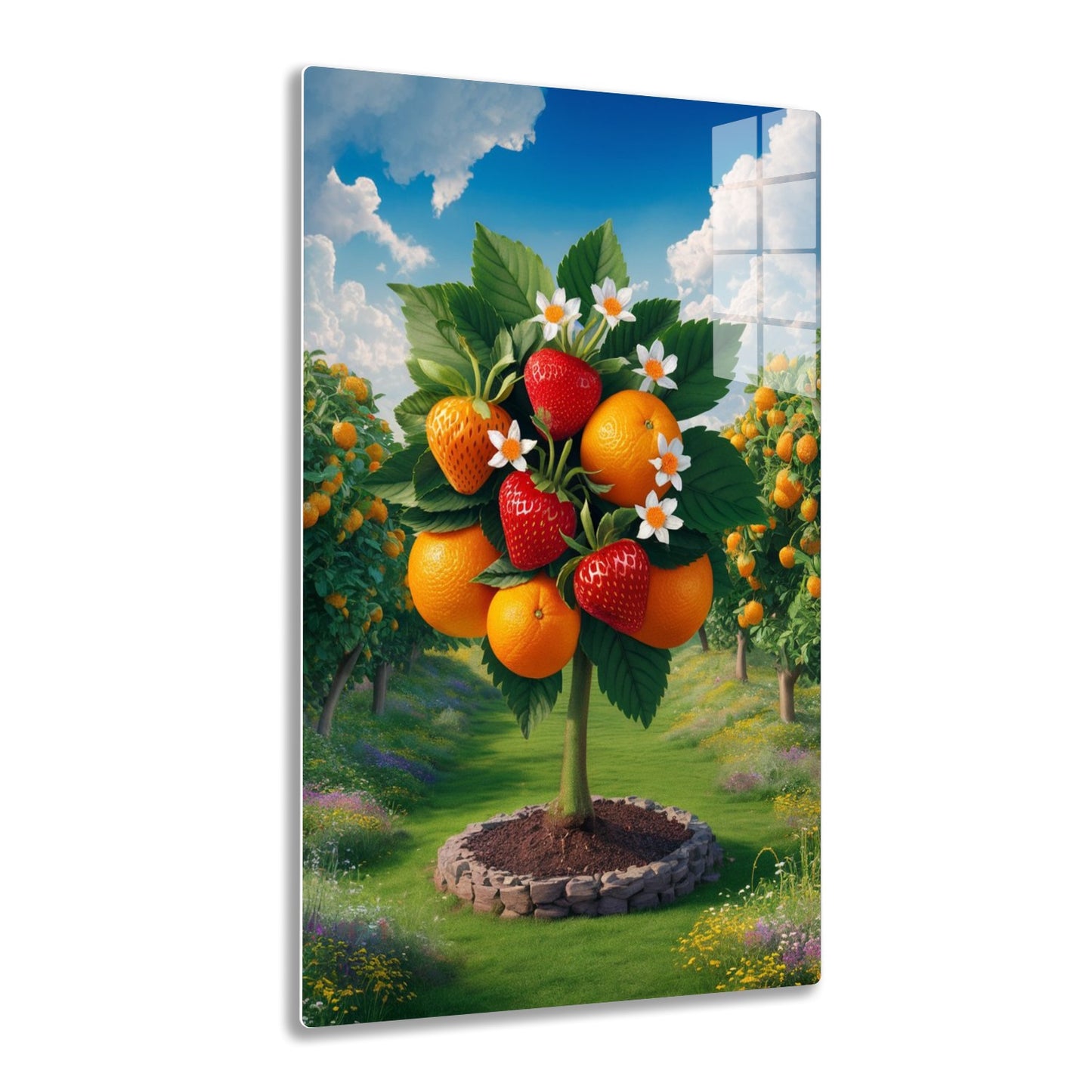 A lush, vibrant fruit tree stands in a garden setting, bursting with juicy oranges and ripe strawberries amidst verdant foliage and white blossoms against a vivid blue sky with fluffy clouds
