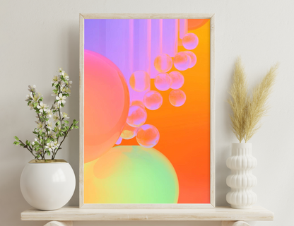 Abstract colorful digital art composition with translucent bubbles and curved shapes in vivid pink, orange, yellow, and green tones, creating an ethereal and dreamy ambiance.
