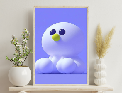 A whimsical white character with big blue eyes and a yellow beak-like nose, made of balloons against a purple background.
