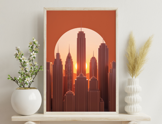 Stylized cityscape illustration at sunset with silhouettes of skyscrapers and buildings in shades of orange and red against a luminous sun.
