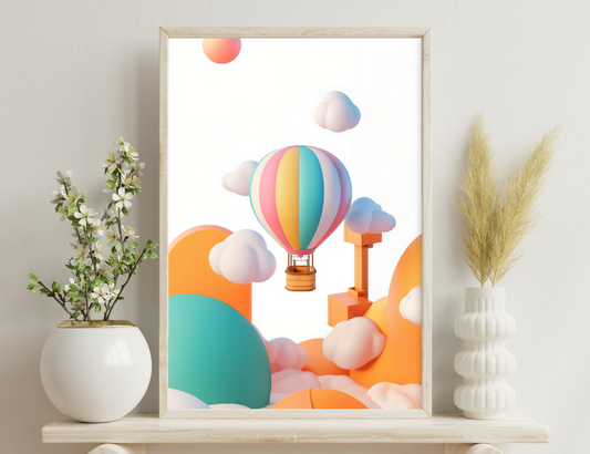 A colorful hot air balloon soars over whimsical clouds and geometric shapes in a playful, dream-like scene.
