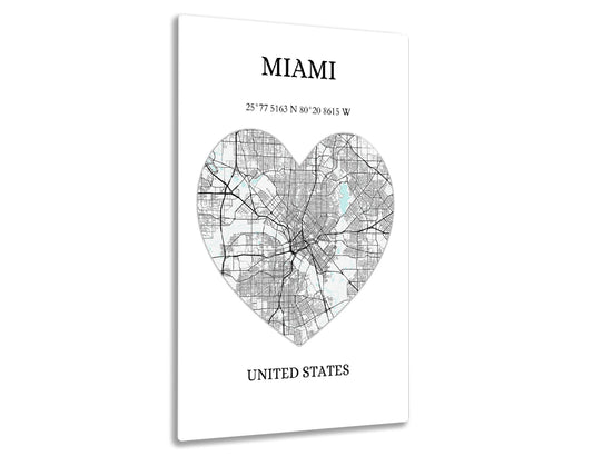 Map of Miami city streets in the shape of a heart, showing latitude and longitude coordinates for Miami.
