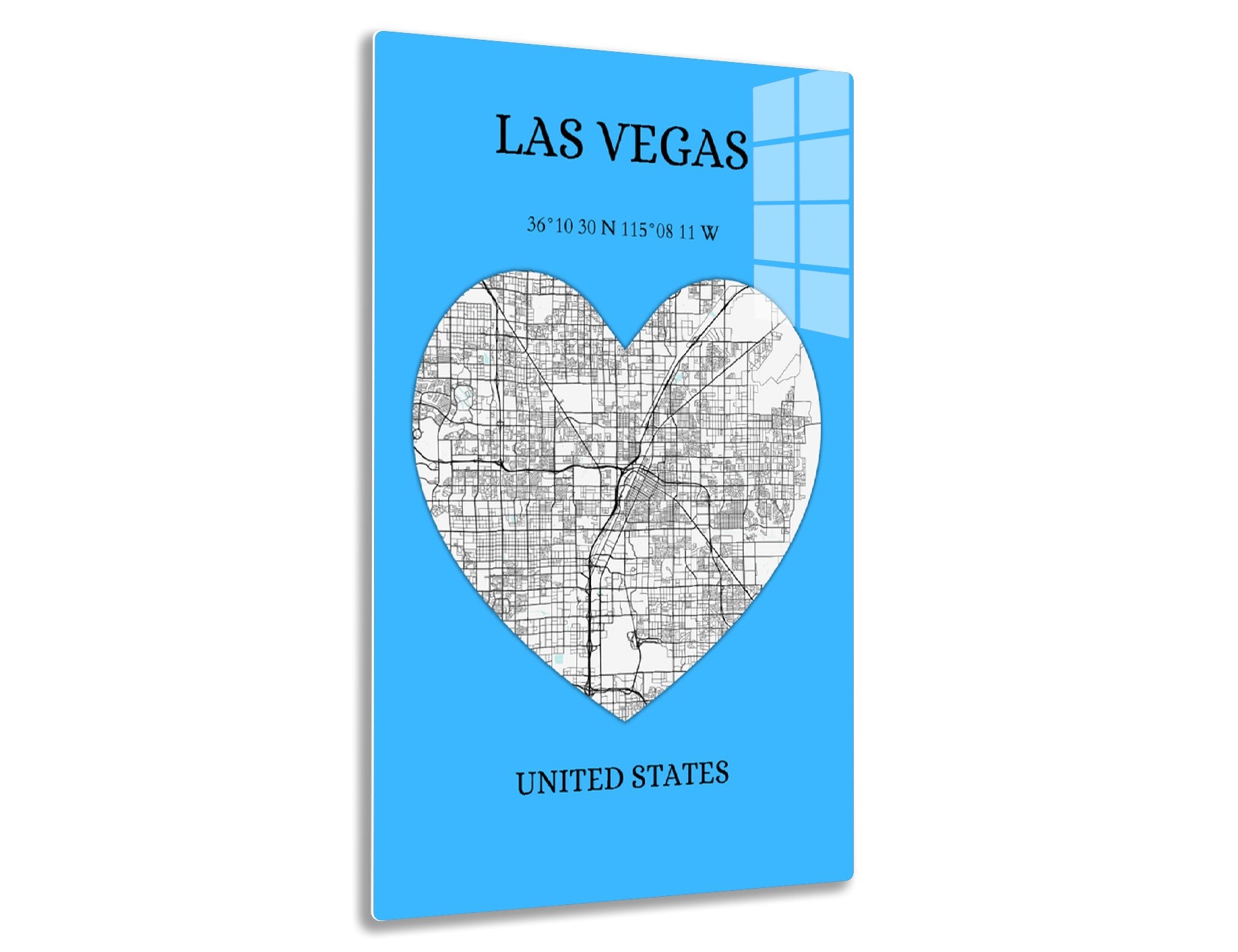 Street map of Las Vegas in the shape of a heart on a blue background, showing major roads and neighborhoods. Geographic coordinates 36°10'30"N 115°08'11"W are provided below the city name.
