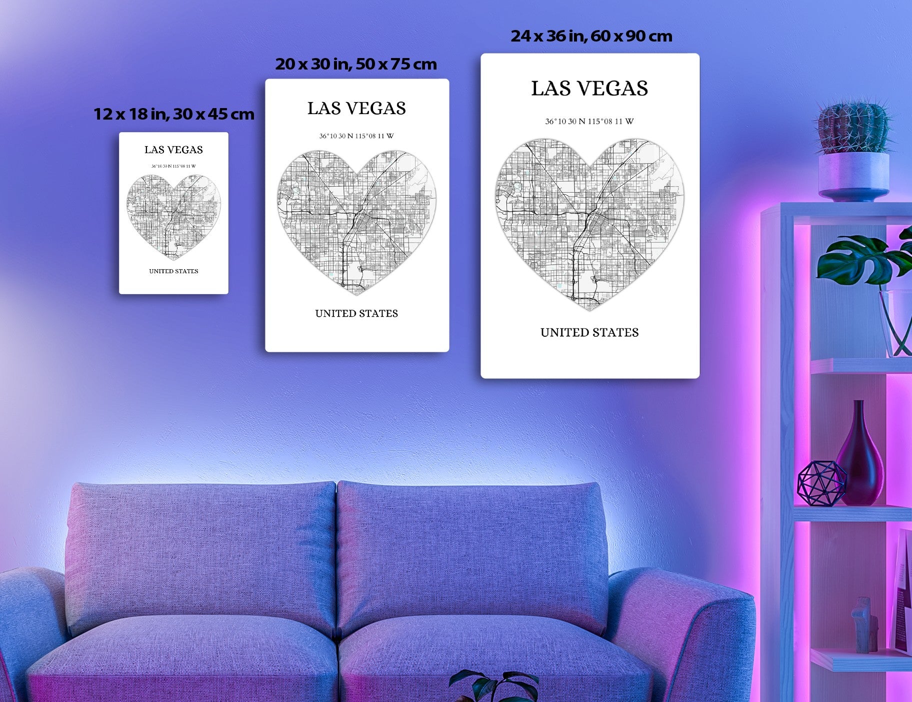 Map of Las Vegas in heart shape showing city streets and roads, geographic coordinates 36°10'30"N 115°08'11"W.
