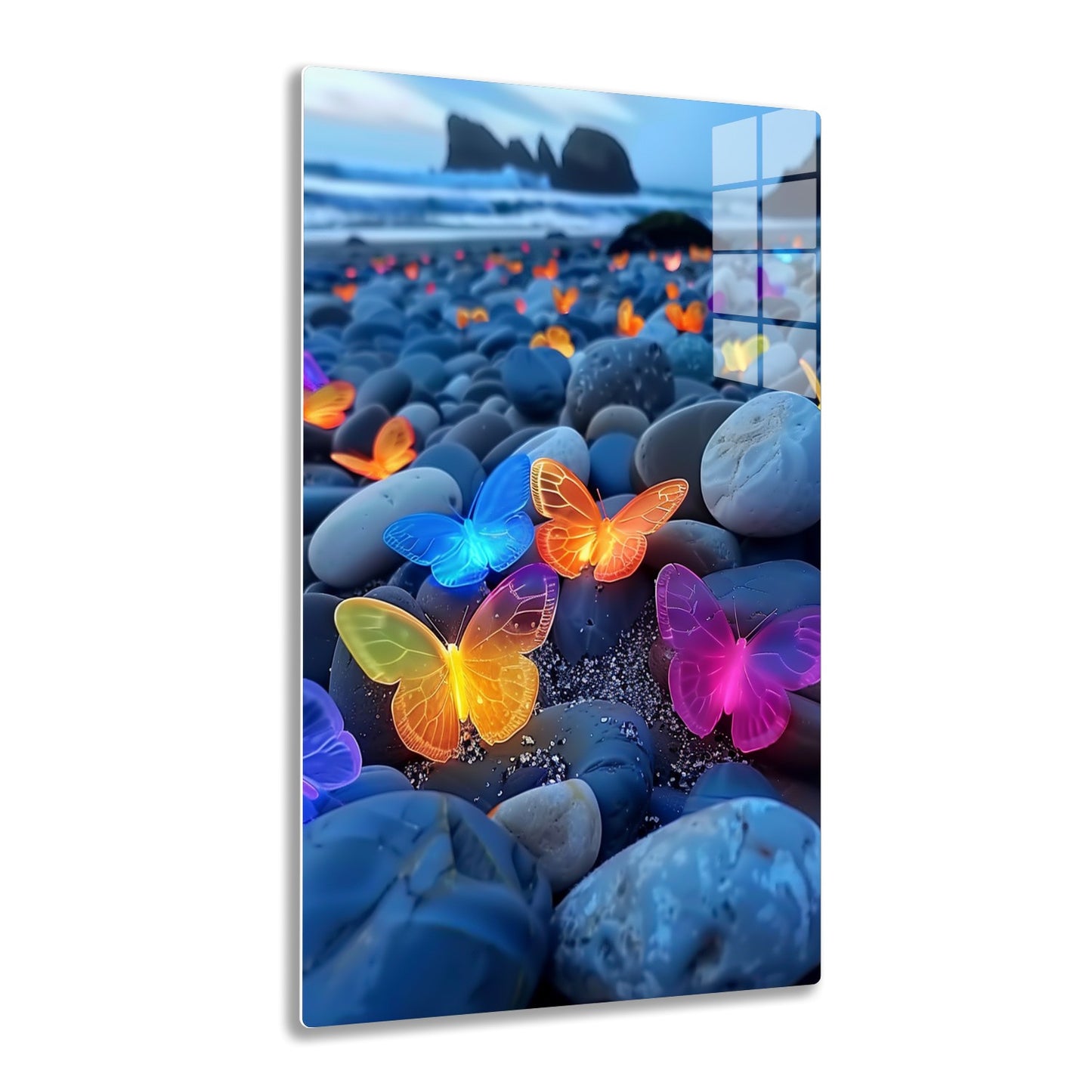 Luminous butterflies in vibrant colors of blue, orange, yellow, and purple appear to glow amid wet rocks on a beach with sea stacks in the background.
