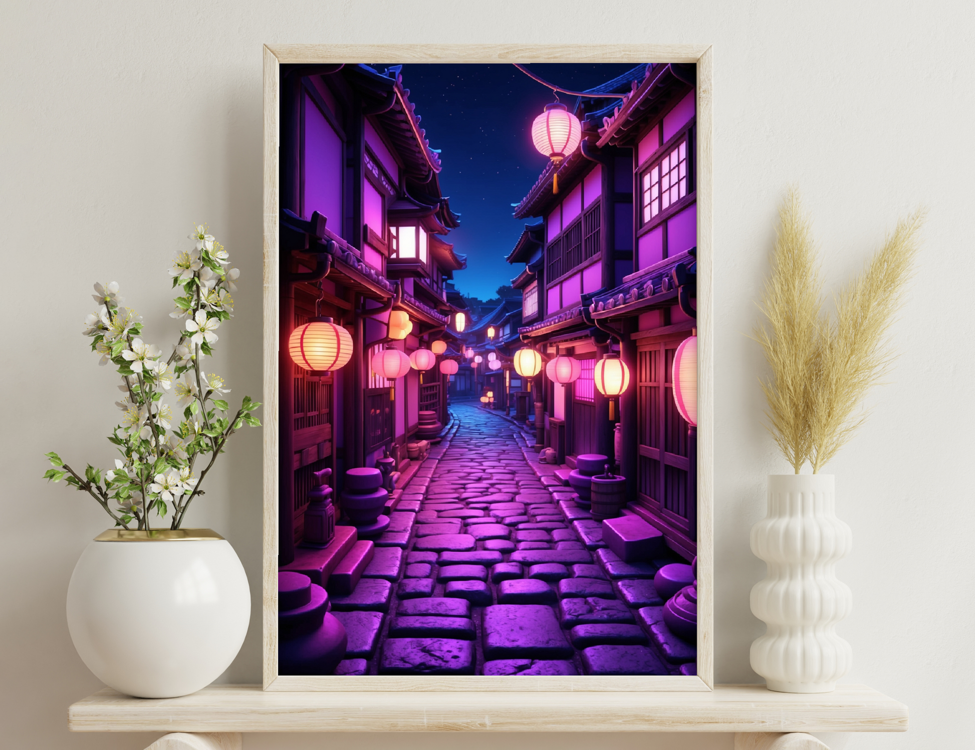 A Japanese-style street at night illuminated by lanterns, with traditional wooden buildings and a cobblestone path leading through a village or town district with a purple hue.
