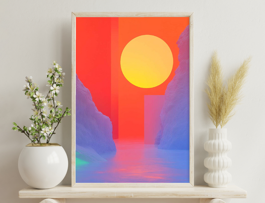 A stylized sunset or sunrise scene with a large yellow sun against an orange sky, framed by purple mountains or cliffs and reflected in rippling blue and pink waters.
