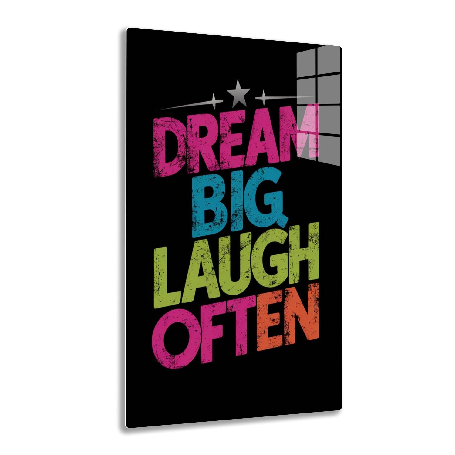 Dream big, laugh often text in colorful grunge style with stars on black background
