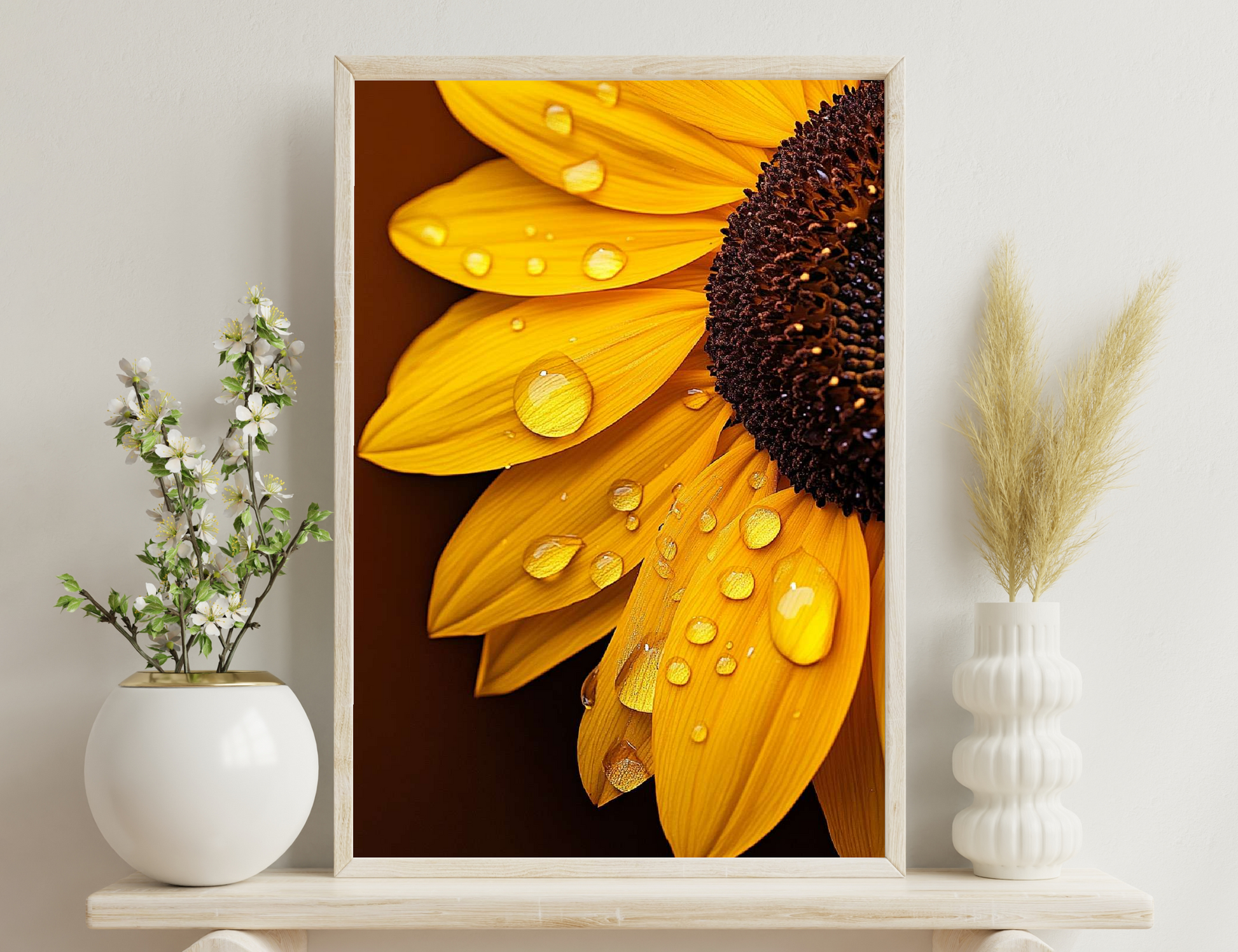 A close-up view of a vibrant yellow sunflower, with water droplets glistening on its radiating petals and the dark brown center prominently displayed against a blurred background.
