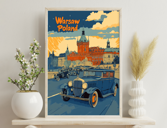 Warsaw skyline illustration with vintage cars in the foreground and the Royal Castle in the background under a cloudy orange sunset sky.
