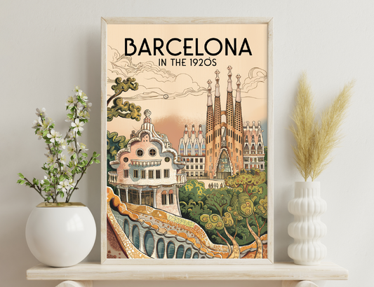 An artistic illustration of famous landmarks in Barcelona in the 1920s, including La Pedrera and the iconic Sagrada Familia cathedral with its distinctive spires, rendered in a whimsical, colorful style reminiscent of
