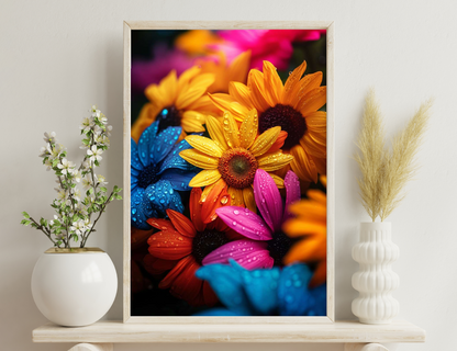 Vibrant macro image of yellow, orange, pink and blue gerbera daisies covered in water droplets, showcasing their intricate details and textures.
