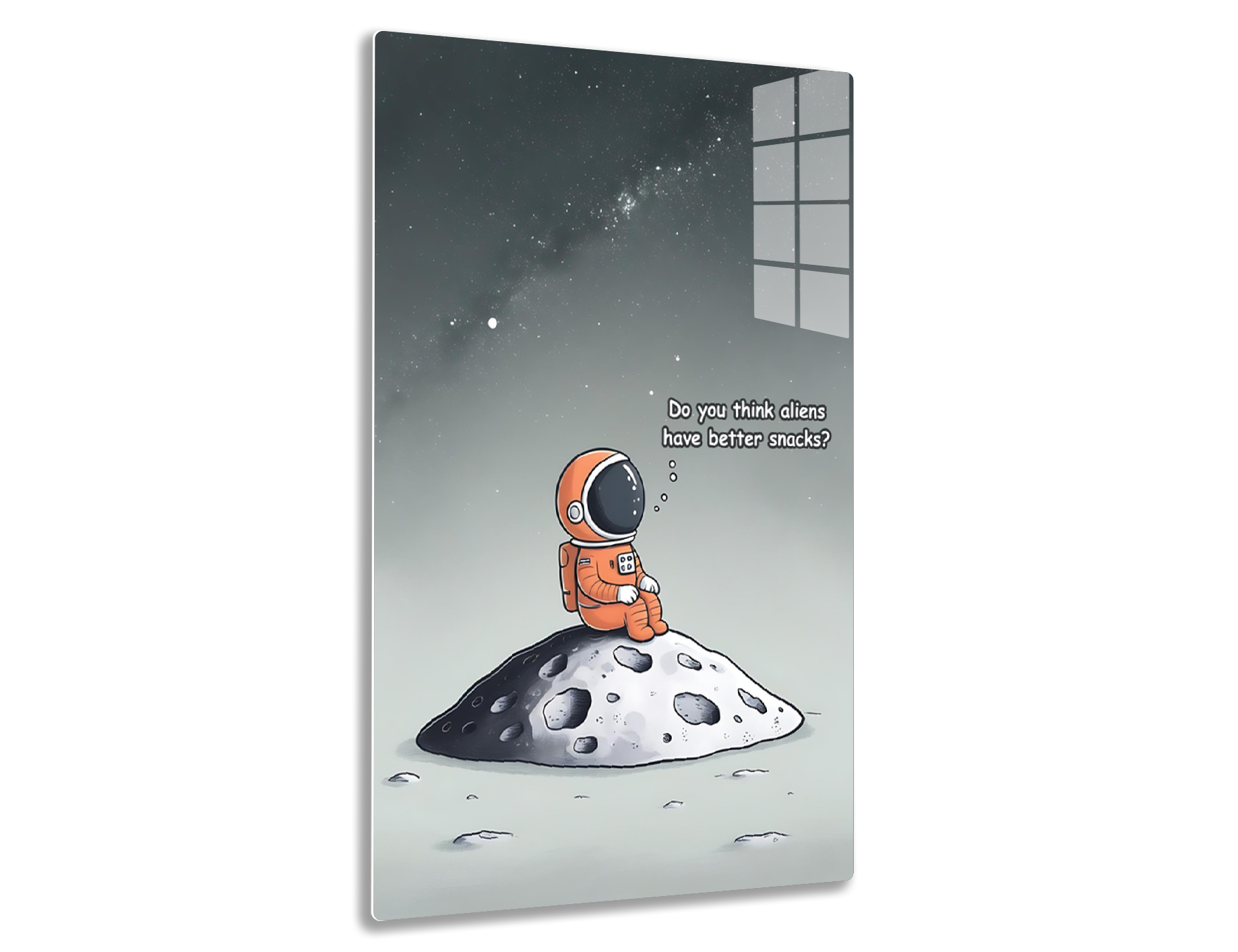 An astronaut sitting on a moon or asteroid, looking at the starry sky and wondering if aliens have better snacks, in a whimsical and imaginative illustration.
